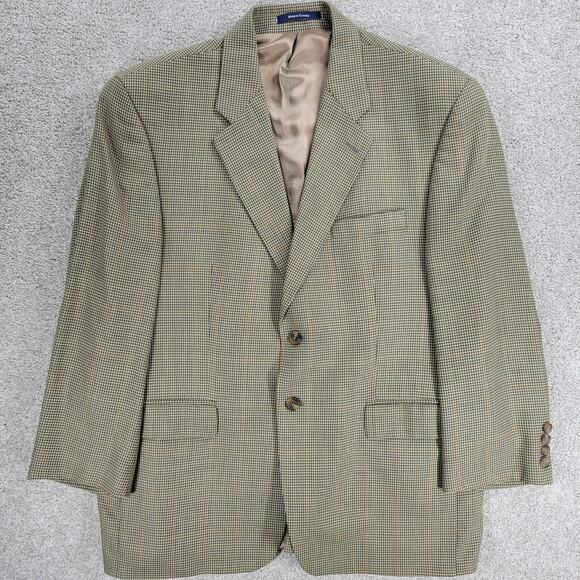 VTG Chaps Ralph Lauren Silk Wool Blazer Mens 42S Green Houndstooth Pane Jacket - Picture 11 of 16
